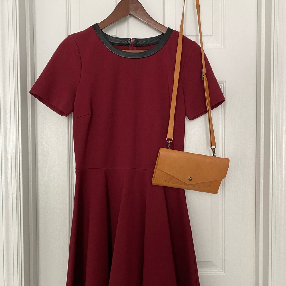 Madewell dark red, short sleeved, fit & flare dress w/ leather trim